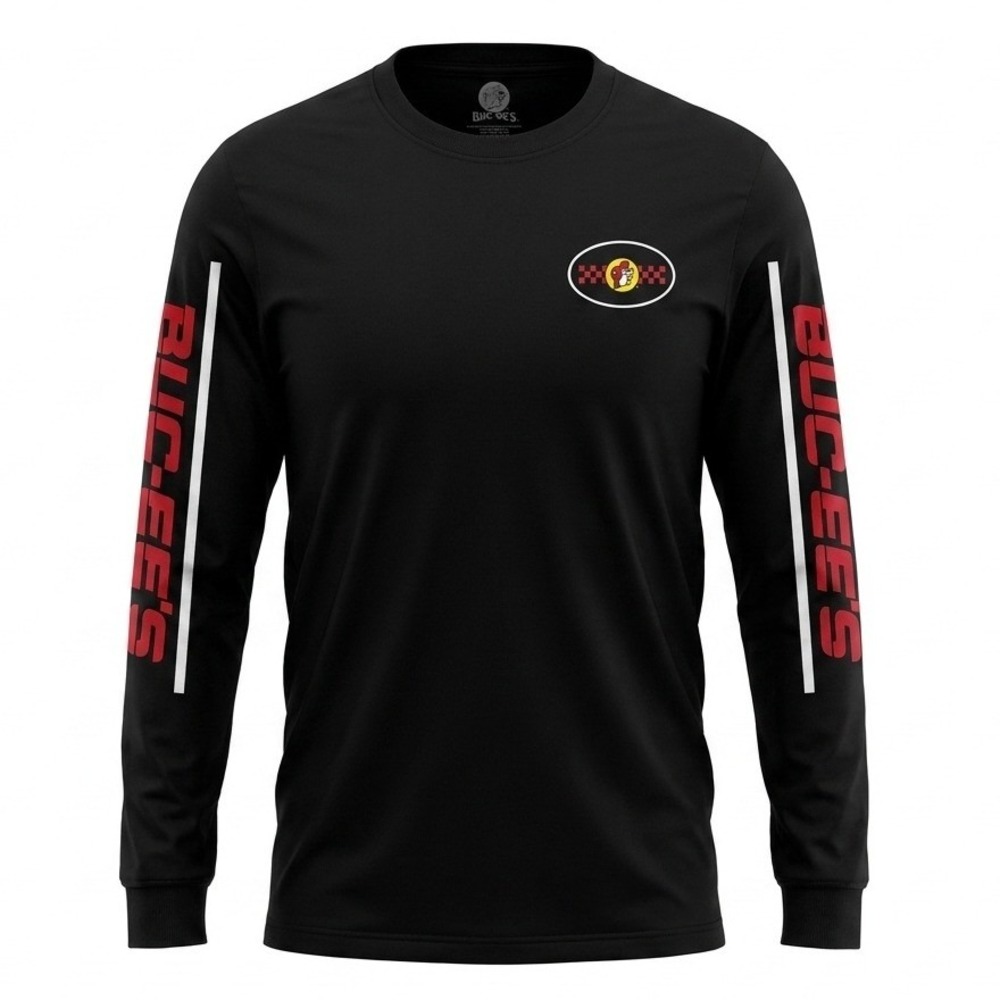 Buc-ee's Long Sleeve Shirt Mens Size Large Black Graphic Logo Racing Stripe Tee